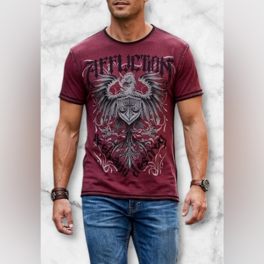 Affliction Seek and Destroy Reversible Graphic Print Burgundy Black Shirt Sz XL - Picture 2 of 11